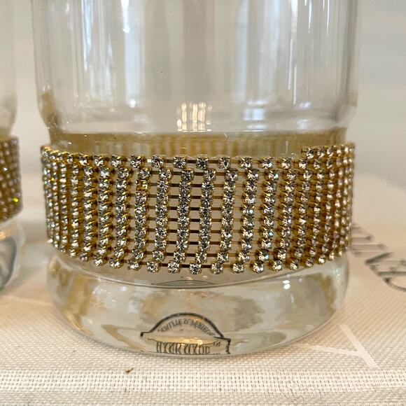 Old Fashioned Whiskey Glass w/ Gold Rhinestone Band Stemless Wine Set of 2 NEW - Picture 6 of 10